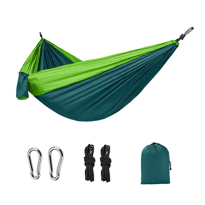 Light double nylon camping hammock with straps. Great for trips, beach, yard & garden.
