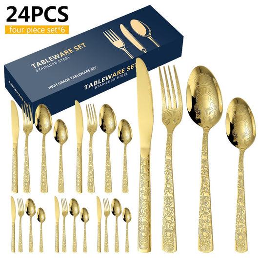 Patterned Stainless Steel Knife Fork And Spoon Cutlery 24-Piece Golden Western Steak Knife Fork And Spoon Set