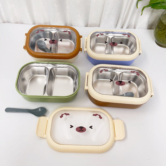 Cartoon cute bear stainless steel portable compartment lunch box with lid