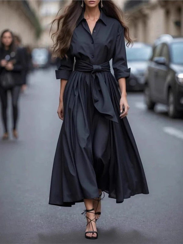 Solid color lace up POLO collar dress jacket long skirt coat