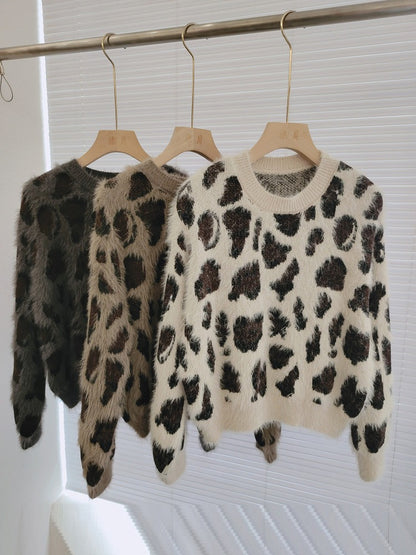 High end knitted sweater short sweater women's autumn and winter European and American style leopard print top trend