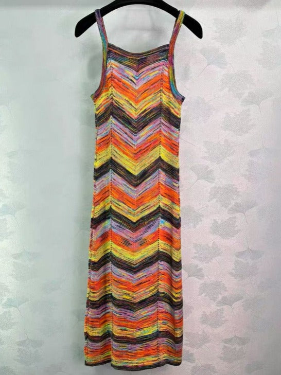 Holiday Knitted Dress Women's Summer Colorful Wave Pattern Strap Skirt Long Style Temperament V-neck Long Skirt