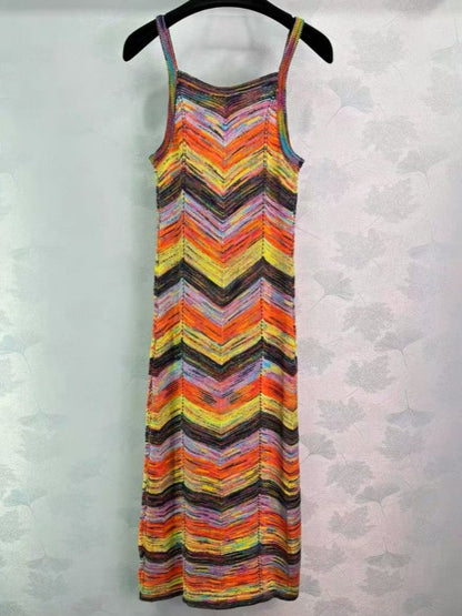 Holiday Knitted Dress Women's Summer Colorful Wave Pattern Strap Skirt Long Style Temperament V-neck Long Skirt