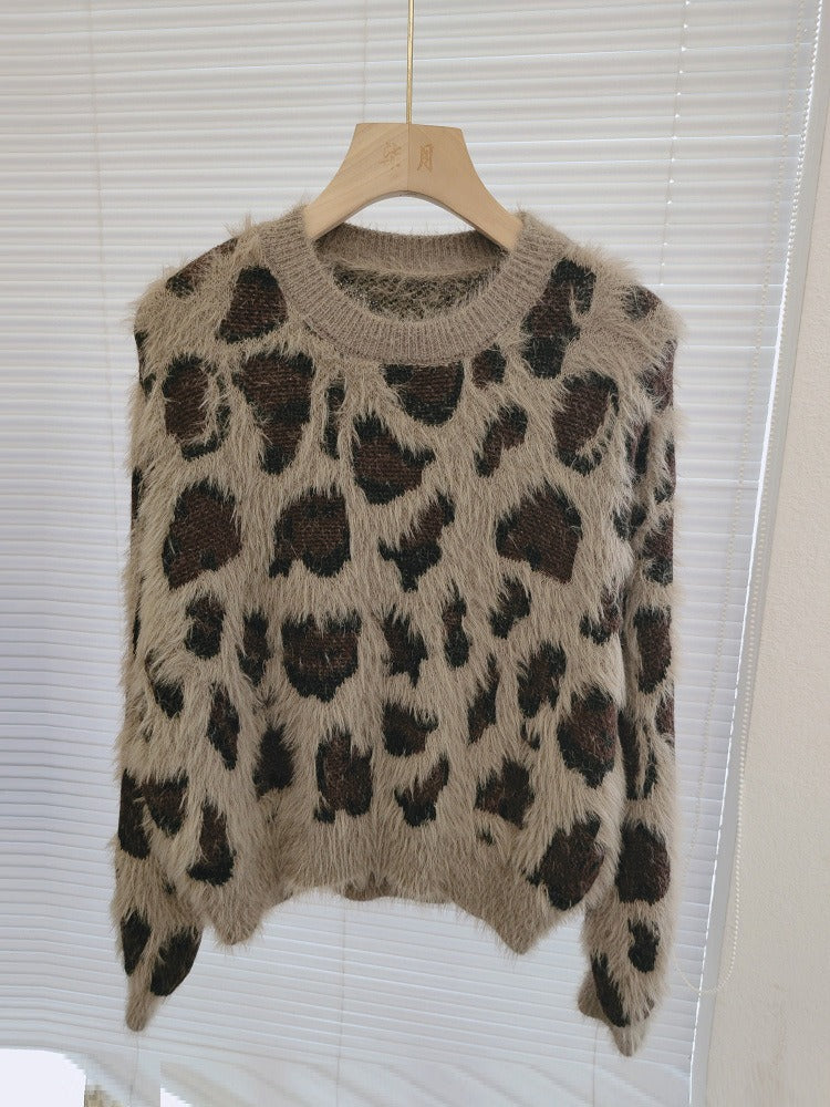 High end knitted sweater short sweater women's autumn and winter European and American style leopard print top trend