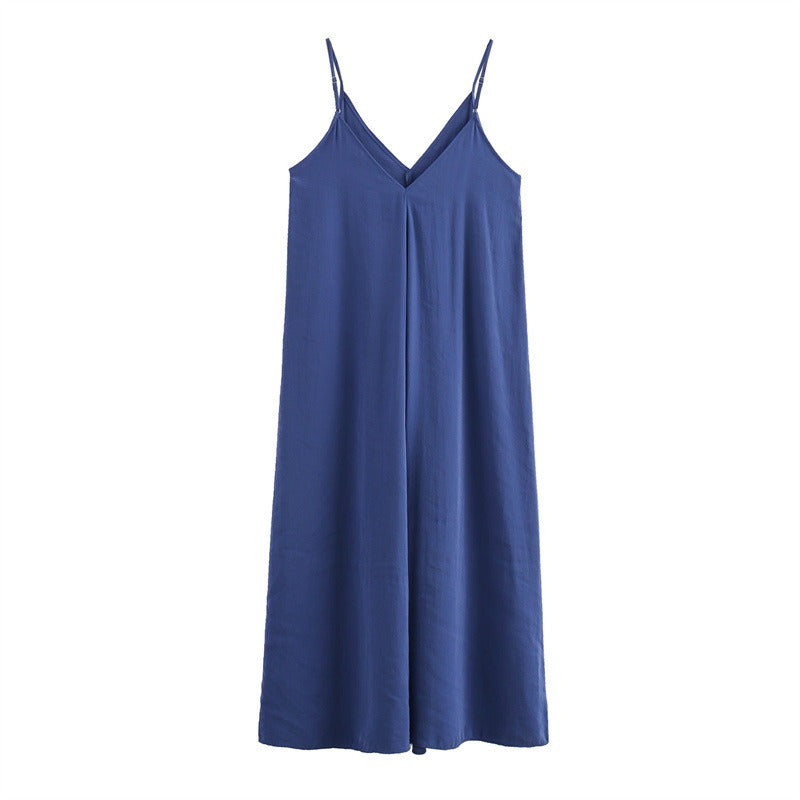 Solid color casual loose strap MIDI dress