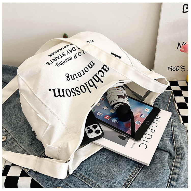 Letter canvas bag, women's new trendy tote bag, student class large capacity crossbody bag