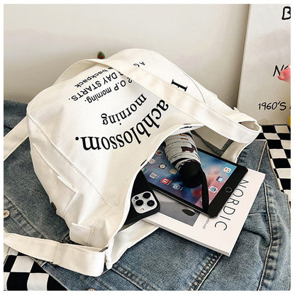 Letter canvas bag, women's new trendy tote bag, student class large capacity crossbody bag