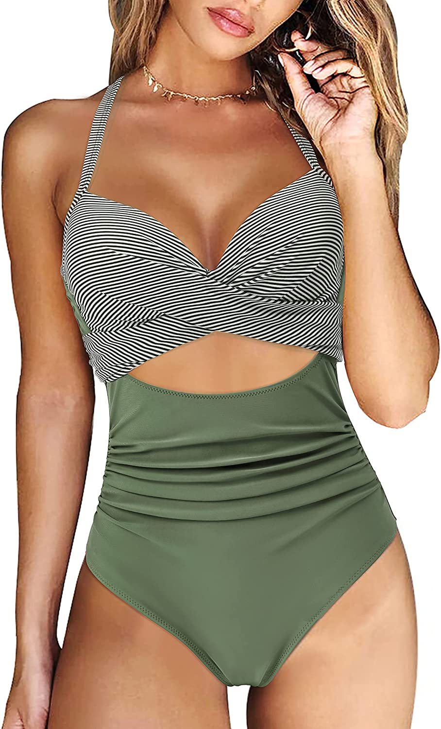 Swimwear New Swimwear European and American Women's Conservative One Piece Solid Color Cross Bikini