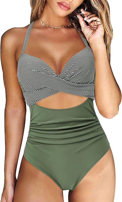 Swimwear New Swimwear European and American Women's Conservative One Piece Solid Color Cross Bikini