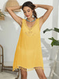 Women's hand hook splicing tassel V-neck hollow vest skirt bikini cover shirt