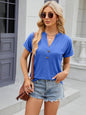 Solid color V-neck button loose short sleeved T-shirt top