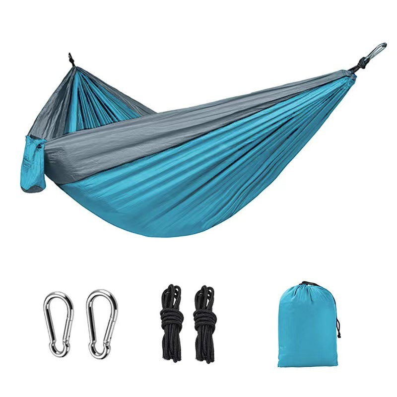Light double nylon camping hammock with straps. Great for trips, beach, yard & garden.