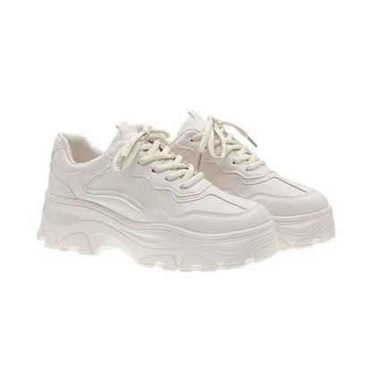 Women Leather Flat Shoes Autumn Fashion Lace Up Casual Fashion Thick Soled Breathable Inner Heightening Round Toe White Sneakers
