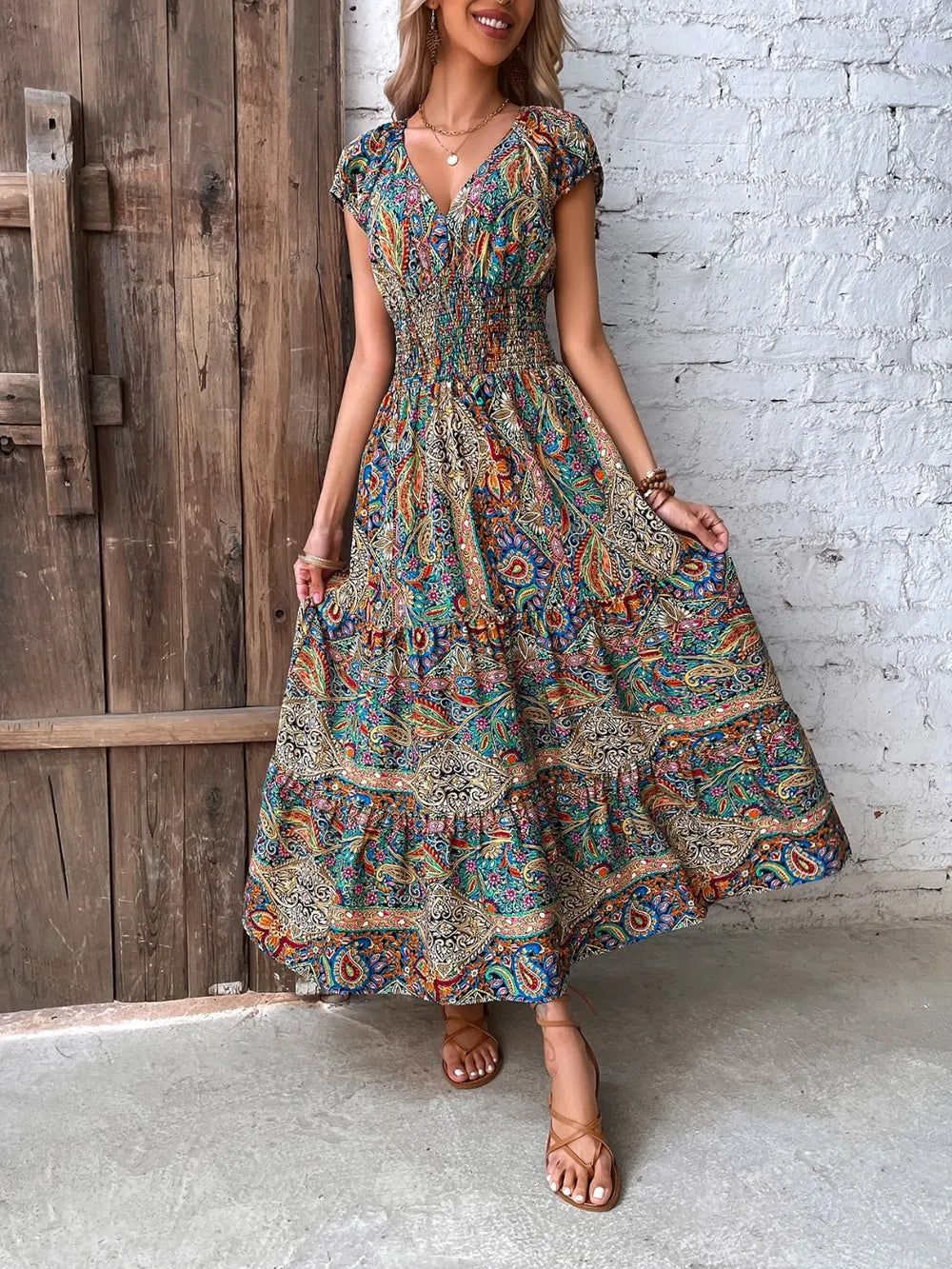 Colorful long dress V-neck high waisted skirt