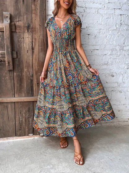 Colorful long dress V-neck high waisted skirt