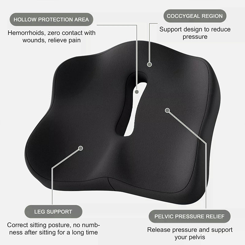 Memory foam car seat cushion. Ergonomic support. Relieves back/coccyx pain. Universal fit.