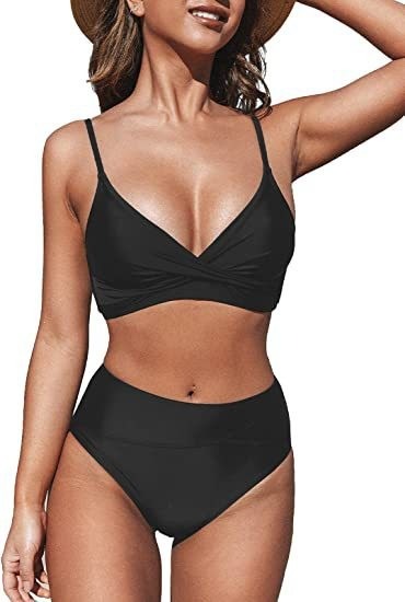 Women's bikini sexy high waist V-neck twist adjustable spaghetti straps swimsuit
