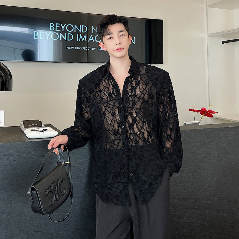 Asexual hollow embroidery jacquard micro perspective lace shirt men's front shoulder large padded shoulder long sleeved