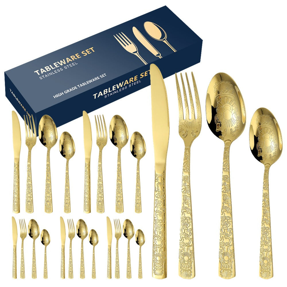 Patterned Stainless Steel Knife Fork And Spoon Cutlery 24-Piece Golden Western Steak Knife Fork And Spoon Set