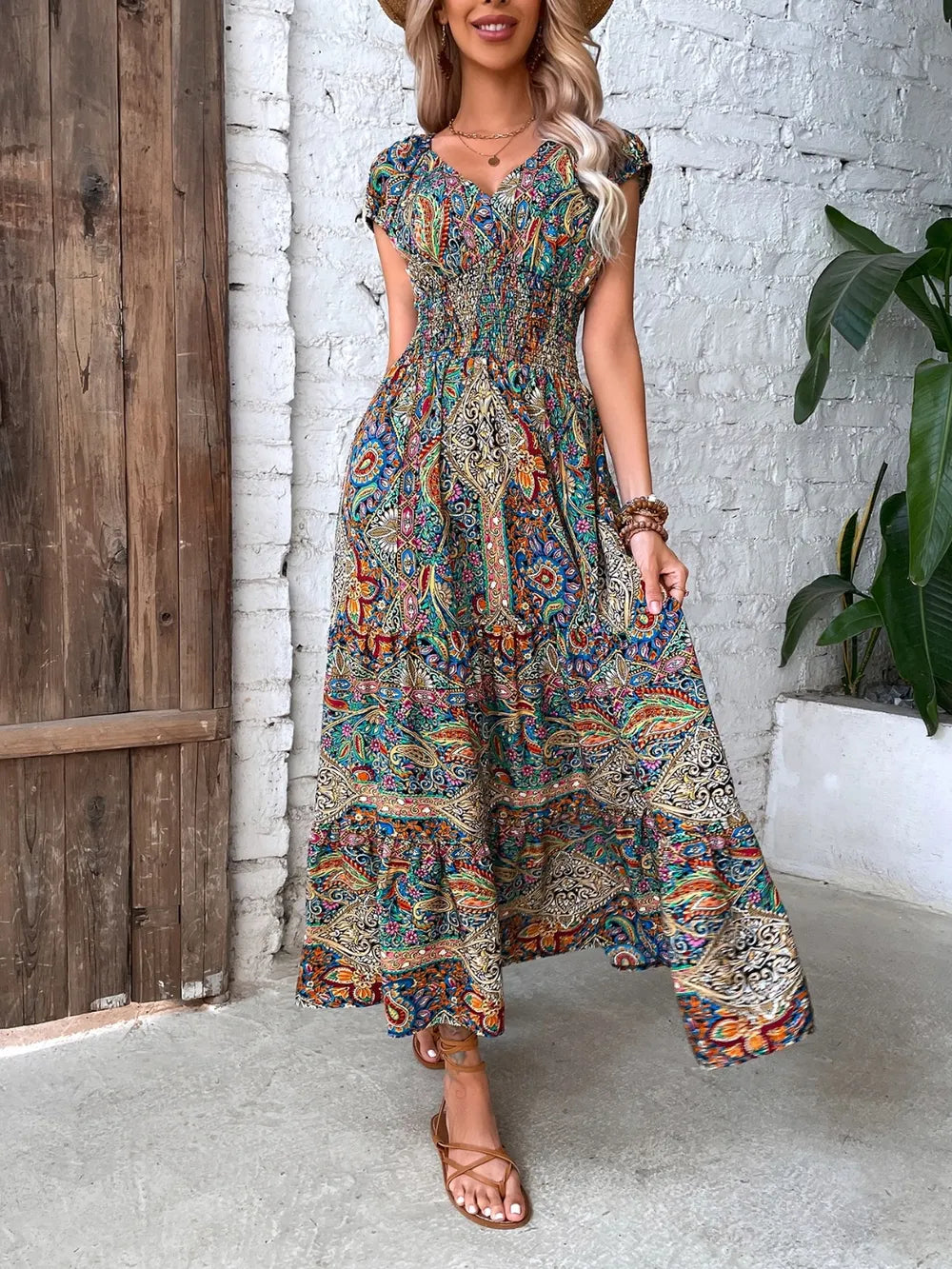 Colorful long dress V-neck high waisted skirt
