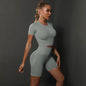 Peach buttocks solid color high elasticity yoga short sleeved shorts set fitness two-piece set
