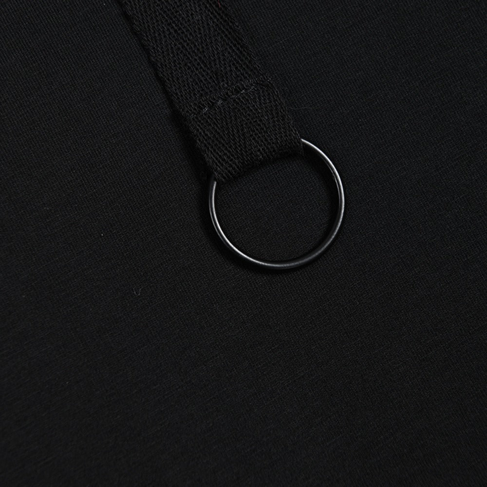 Black pullover hooded dress with female hollow out design long sleeved loose drawstring side slit skirt