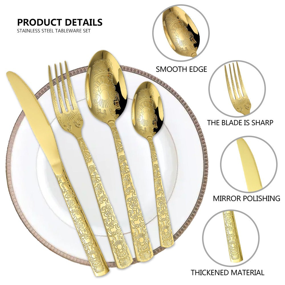 Patterned Stainless Steel Knife Fork And Spoon Cutlery 24-Piece Golden Western Steak Knife Fork And Spoon Set