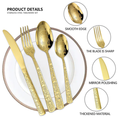Patterned Stainless Steel Knife Fork And Spoon Cutlery 24-Piece Golden Western Steak Knife Fork And Spoon Set