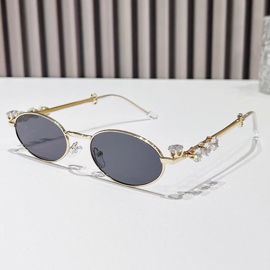 Metal inlaid diamond oval frame glasses resin anti blue light glasses rhinestone sunglasses