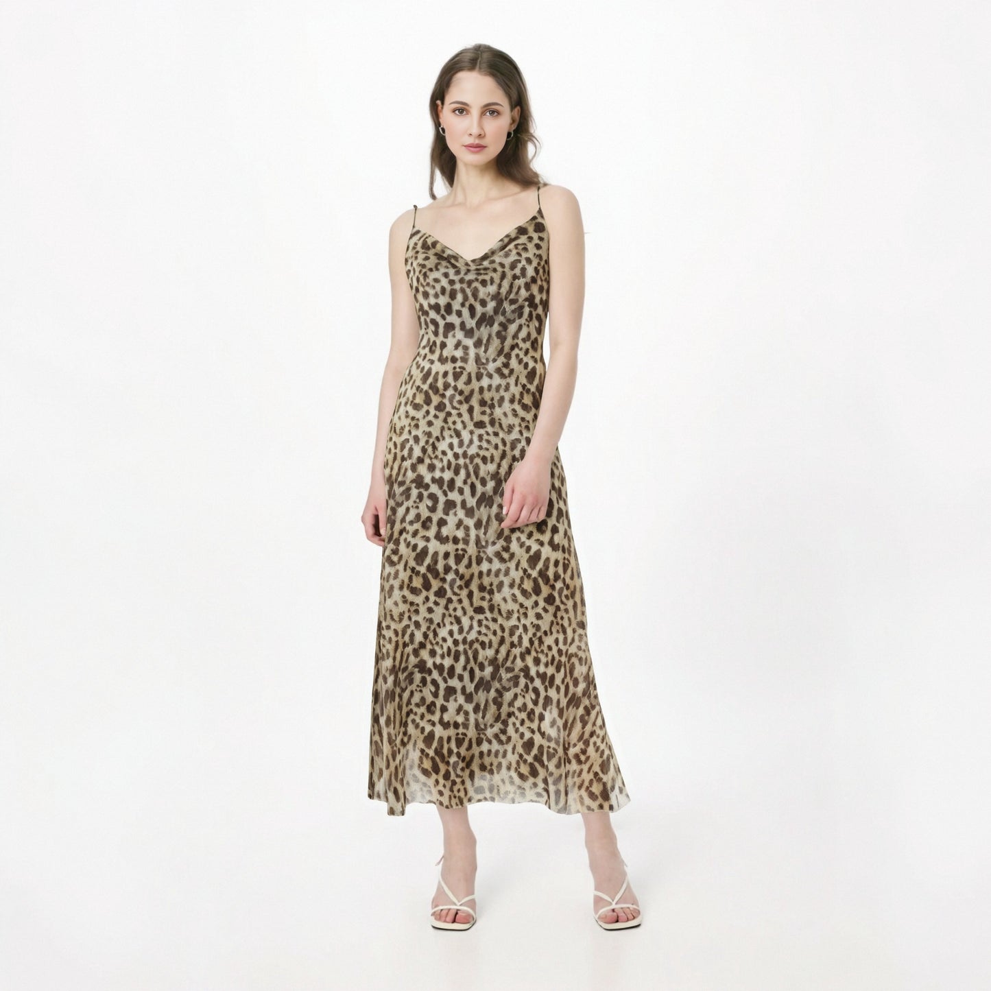 Animal print silk mesh leopard print camisole slim fit and drape dress
