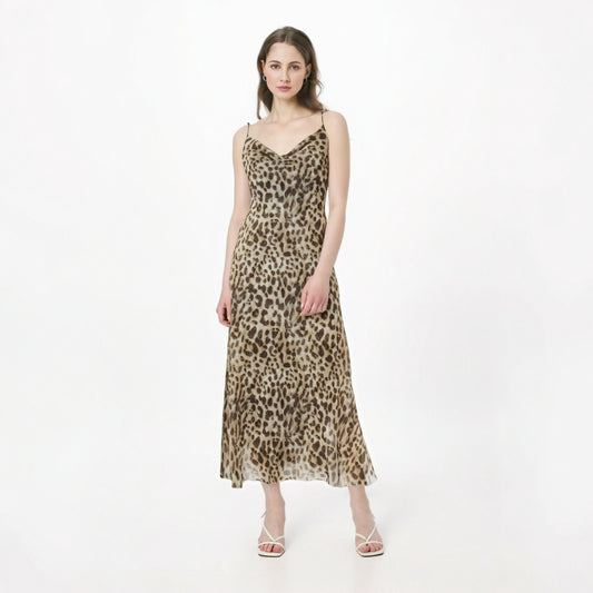 Animal print silk mesh leopard print camisole slim fit and drape dress