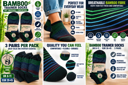 3 Pairs Bamboo Trainer Socks UK 6–11 / EU 39–45 – Soft Breathable Low Cut Ankle Socks for Men, Everyday, Trainers, Walking, Sports & Travel