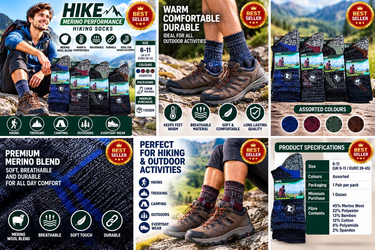 Men’s Merino Wool Blend Hiking Socks UK 6–11 – Bamboo Thermal Trekking Walking Boot Socks | Cushioned Outdoor Performance Socks – 1 Pair