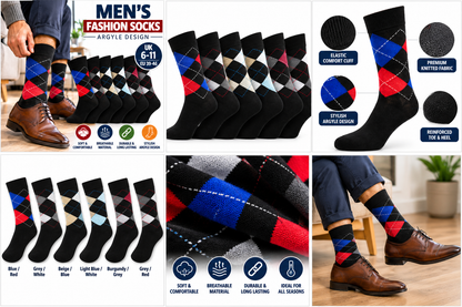 Men’s Argyle Fashion Socks UK 6–11 – Smart Casual Diamond Pattern Dress Socks | Soft Everyday Office & Formal Socks – Assorted Colour – 1 Pair