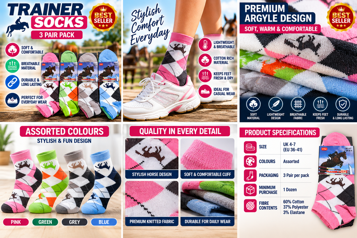 3 Pairs Women’s Equestrian Trainer Socks UK 4–7 – Cotton Rich Horse Argyle Ankle Socks | Riding, Casual & Everyday Socks – Assorted Colours