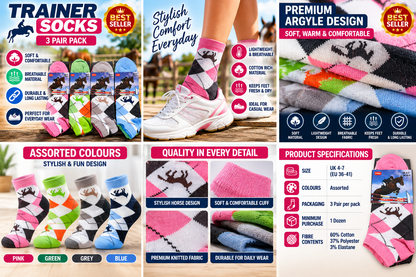 3 Pairs Women’s Equestrian Trainer Socks UK 4–7 – Cotton Rich Horse Argyle Ankle Socks | Riding, Casual & Everyday Socks – Assorted Colours
