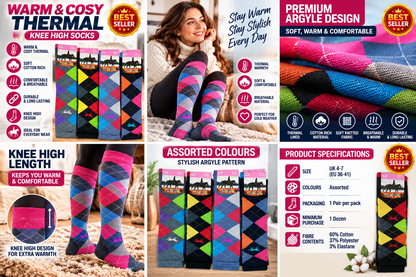 Women’s Thermal Knee High Socks UK 4–7 – Cotton Rich Argyle Winter Boot Socks | Warm Cosy Long Socks – Assorted Colours – 1 Pair
