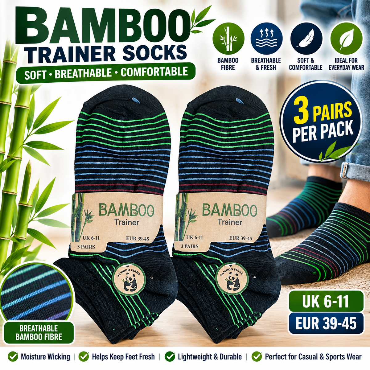 3 Pairs Bamboo Trainer Socks UK 6–11 / EU 39–45 – Soft Breathable Low Cut Ankle Socks for Men, Everyday, Trainers, Walking, Sports & Travel
