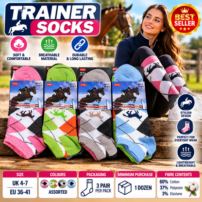 3 Pairs Women’s Equestrian Trainer Socks UK 4–7 – Cotton Rich Horse Argyle Ankle Socks | Riding, Casual & Everyday Socks – Assorted Colours