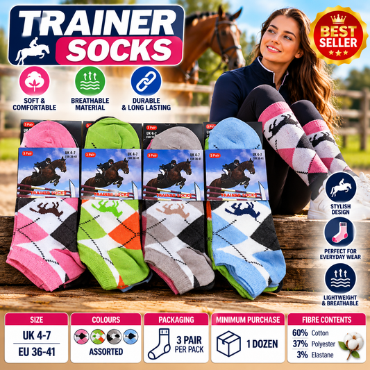 3 Pairs Women’s Equestrian Trainer Socks UK 4–7 – Cotton Rich Horse Argyle Ankle Socks | Riding, Casual & Everyday Socks – Assorted Colours