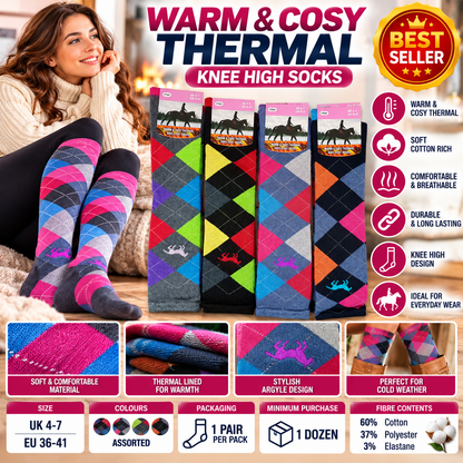 Women’s Thermal Knee High Socks UK 4–7 – Cotton Rich Argyle Winter Boot Socks | Warm Cosy Long Socks – Assorted Colours – 1 Pair