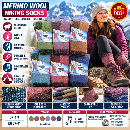 Men’s Merino Wool Blend Hiking Socks UK 6–11 – 45% Merino Wool Bamboo Walking Boot Thermal Socks | Assorted Colours – 1 Pair