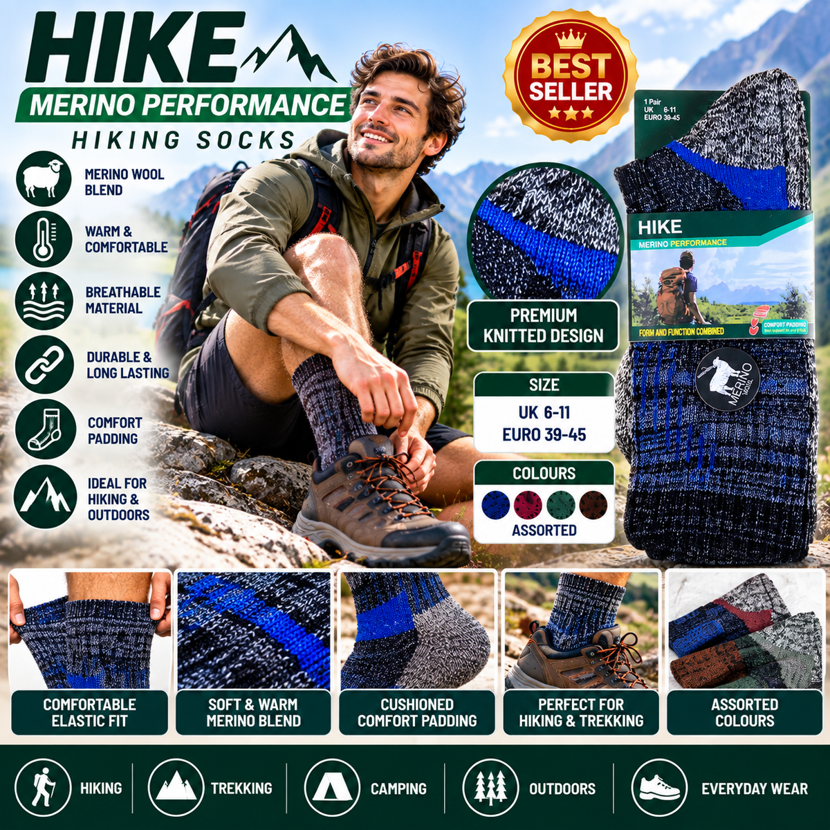 Men’s Merino Wool Blend Hiking Socks UK 6–11 – Bamboo Thermal Trekking Walking Boot Socks | Cushioned Outdoor Performance Socks – 1 Pair