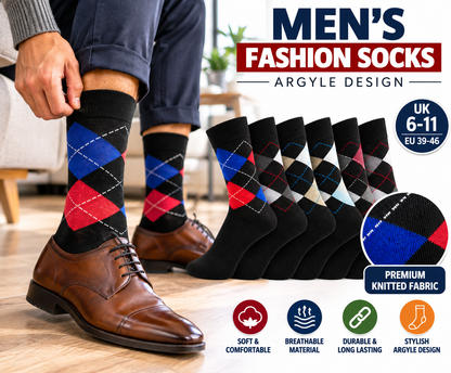 Men’s Argyle Fashion Socks UK 6–11 – Smart Casual Diamond Pattern Dress Socks | Soft Everyday Office & Formal Socks – Assorted Colour – 1 Pair