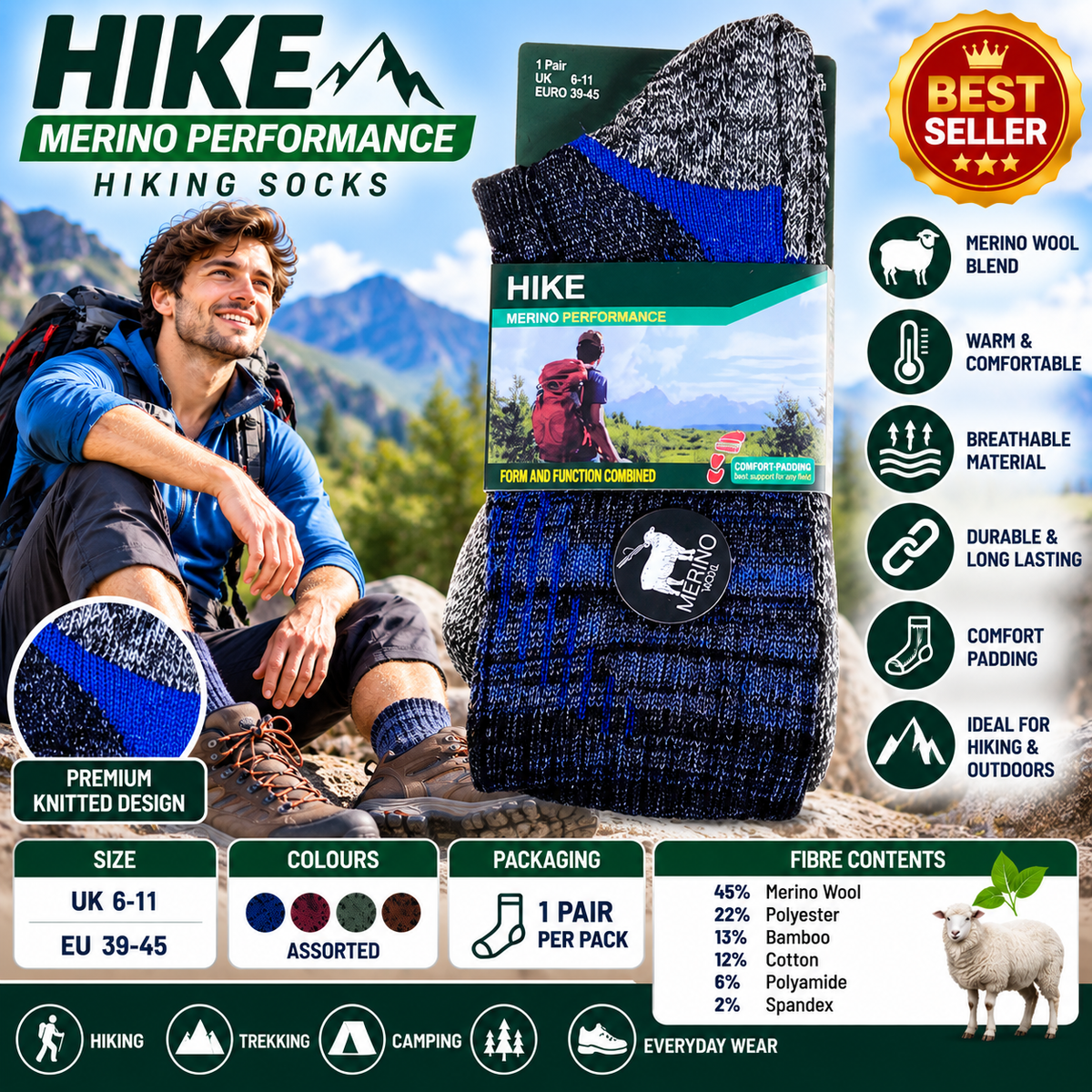 Men’s Merino Wool Blend Hiking Socks UK 6–11 – Bamboo Thermal Trekking Walking Boot Socks | Cushioned Outdoor Performance Socks – 1 Pair