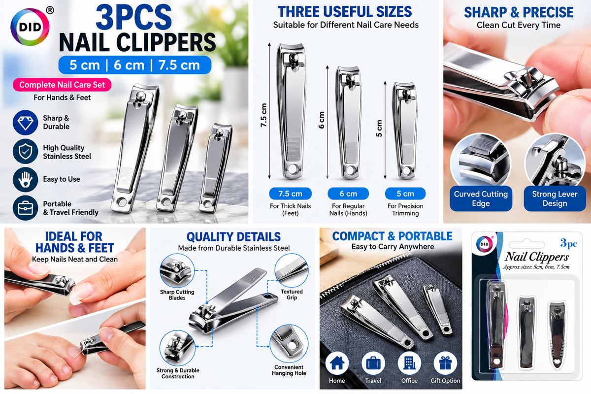 3PC Nail Clippers Set – Stainless Steel Fingernail & Toenail Clippers, 5cm 6cm 7.5cm Manicure Pedicure Nail Care Kit for Hands & Feet