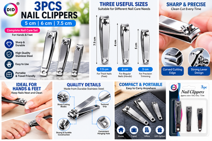 3PC Nail Clippers Set – Stainless Steel Fingernail & Toenail Clippers, 5cm 6cm 7.5cm Manicure Pedicure Nail Care Kit for Hands & Feet