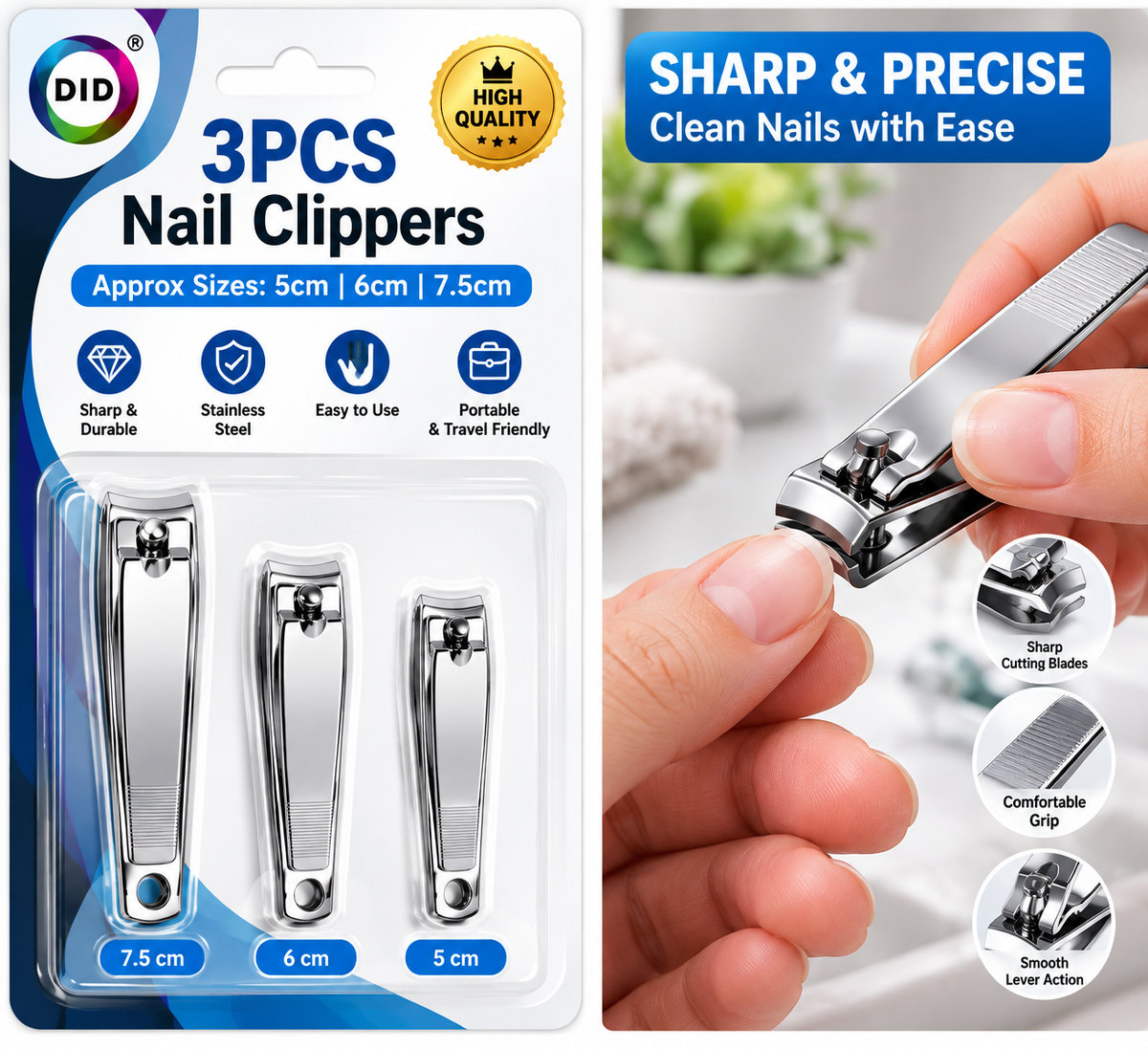 3PC Nail Clippers Set – Stainless Steel Fingernail & Toenail Clippers, 5cm 6cm 7.5cm Manicure Pedicure Nail Care Kit for Hands & Feet