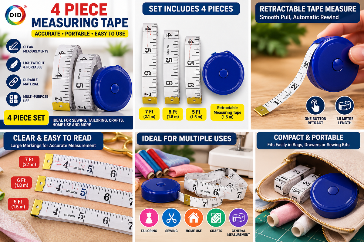 4 Piece Measuring Tape Set – Flexible Sewing Tape Measures with Retractable Tape for Tailoring, Dressmaking, Crafts & Body Measurements
