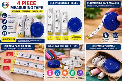 4 Piece Measuring Tape Set – Flexible Sewing Tape Measures with Retractable Tape for Tailoring, Dressmaking, Crafts & Body Measurements